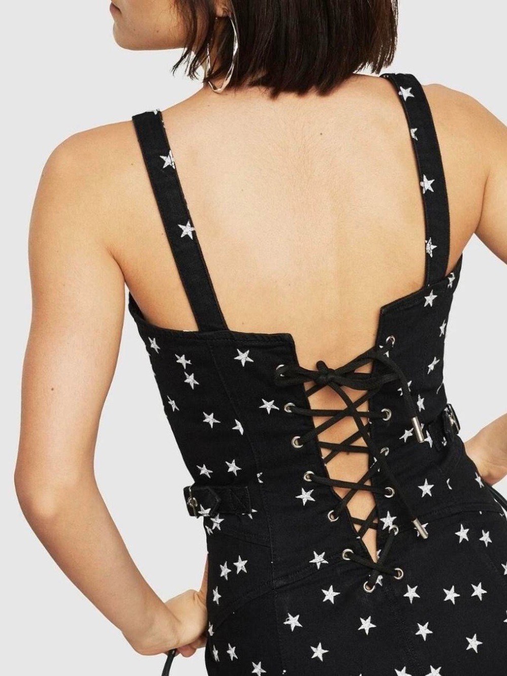 Black Star-Print denim Dress with Asymmetric Zip - Picture 3 of 8